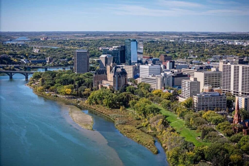 Aerial view of downtown Saskatoon, Saskatchewan.